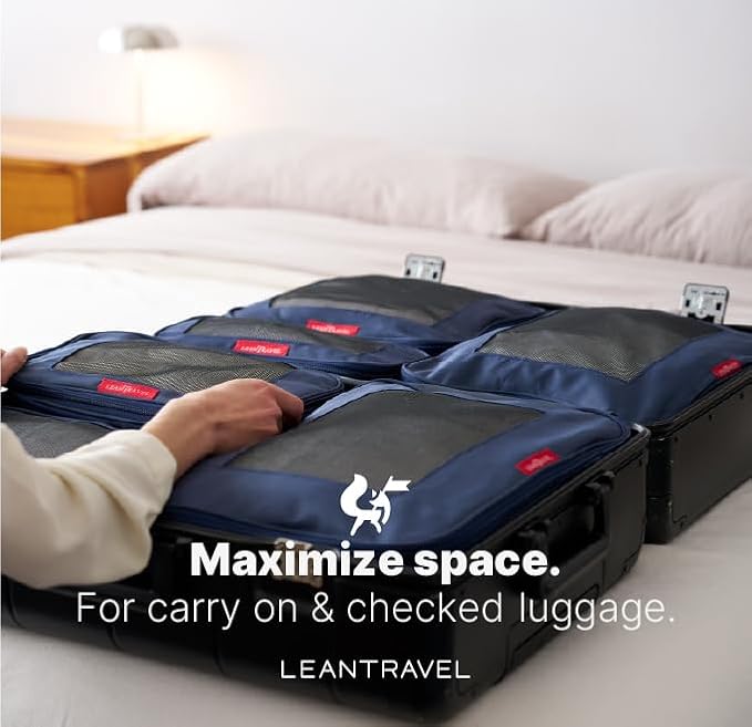 LeanTravel Premium Compression Packing Cubes for Travel - Suitcase Organizer Bags with Double Zipper & Breathable Mesh Panel - Space Saving Carry On Luggage Essentials (6-Pack, Navy Blue) - Image 8