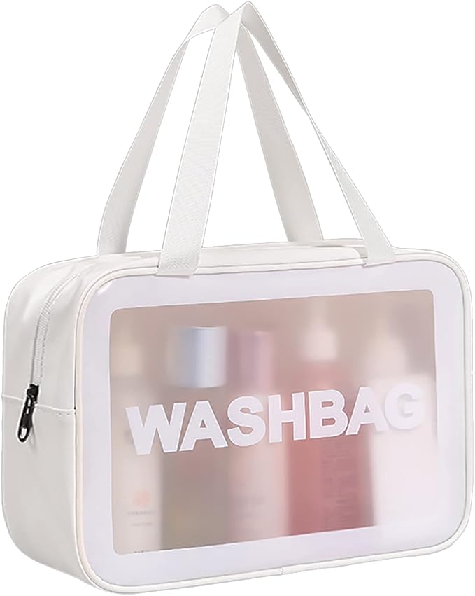 DAPOWER Travel Toiletry Bag for Women and Men, Matte Translucent Toiletry Bag with Handy Handle, Makeup Cosmetic Organizer Bag for Travel Toiletries Accessories (White) by DAPOWER