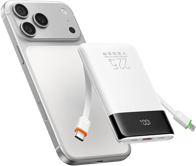 VEGER 10000mAh 22.5W Fast Charging Portable Charger with Built-in Cables | 0.4lb Slim USB C Power Bank, Small Battery Pack for iPhone 17/16/15/14/13 iPad Samsung, Flight Safe, Travel Essential, White by VEGER