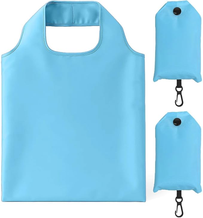 2 Pack Foldable Shopping Bag, Reusable Grocery Tote Bag, Sky Blue | Waterproof Nylon, 35 Pounds Weight Capacity, Pocket Size Carrier by Unknown