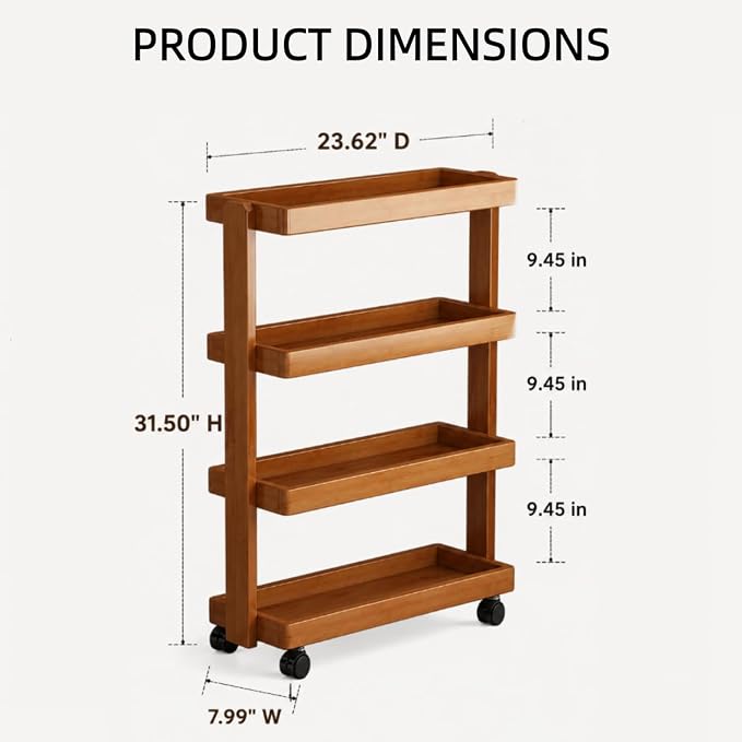 4-Tier Narrow Side Table with Wheels, Solid Wood Slim Rolling Storage Cart, Skinny End Table for Small Spaces, Moving Utility Shelf Organizer for Living Room, Bedroom, Kitchen, Bathroom - Image 8