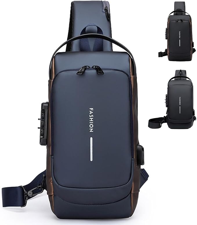 Travel Sling Bag Waterproof Crossbody Bag with Combination Lock Anti-Theft PU Leather Chest Bag with USB Charging Hole Shoulder Backpack Motorcycle Bags Blue by Unknown