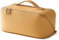 EACHY Travel Makeup Bag for Women, Flat Open Cosmetic Bag, Yellow, Large | PU leather organizer with flat-open access, storage pockets and clear TPU brush compartment for daily makeup and toiletries by EACHY