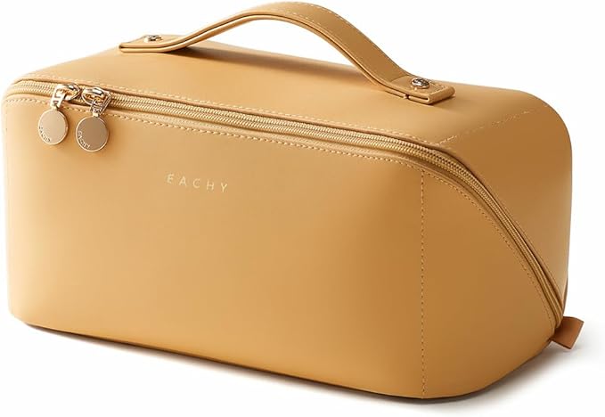 EACHY Travel Makeup Bag for Women, Flat Open Cosmetic Bag, Yellow, Large | PU leather organizer with flat-open access, storage pockets and clear TPU brush compartment for daily makeup and toiletries by EACHY