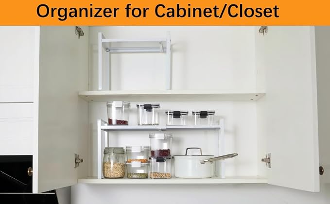 2 Pack Expandable Cabinet Shelf Organizer Riser for Kitchen Pantry Cupboard Under Sink Countertop (2 pack 8.2’’D * 12.2-21.6’’W * 10.4’’H) (white) - Image 5