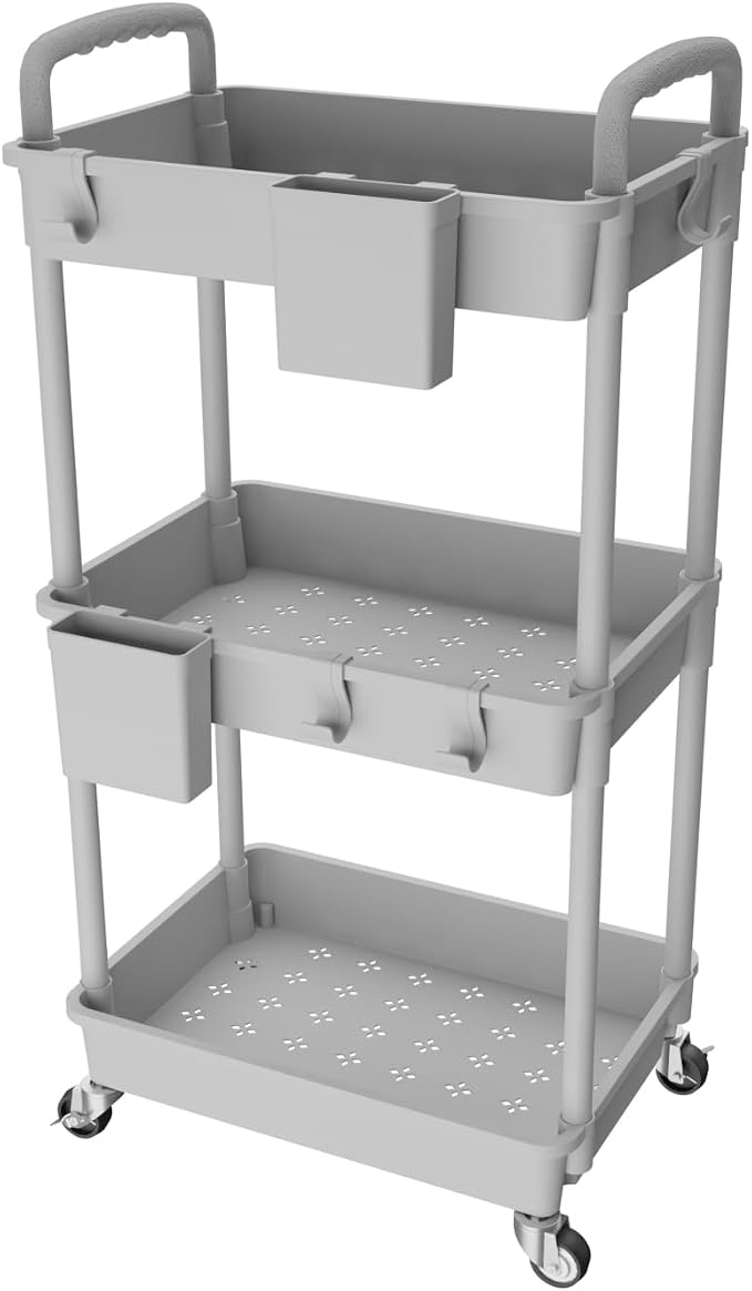 3 Tier Rolling Utility Cart with Handle,REBECAT Utility Cart Made of Multifunctional Storage Organizer Tool for Kitchen,Bathroom,Living Room,Office(Gray) by REBECAT