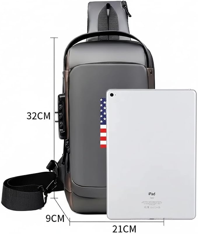 Anti-Theft Sling Bag for Men & Women | USA Flag Chest Shoulder Backpack | Waterproof Crossbody Daypack with USB Charging Port & Lock | Daily use, Travel, Working, Hiking, Cycling. (Grey or Black) - Image 9