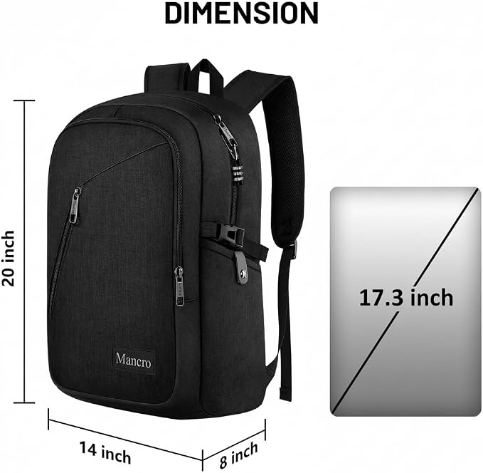 Mancro Laptop Backpack for Travel 17.3 Inch Anti-Theft Business Backpack | Large Travel Computer Bag Daypack Work Backpack with Lock and Laptop Compartment Fits 17.3 Inch Laptop for Men Women, Black - Image 5