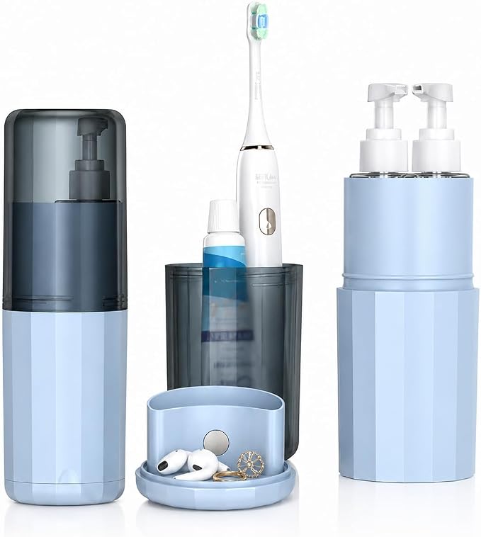 All-in-One Travel Toiletry Organizer with 2 TSA-Approved Size Pump Bottles, Rinse Cup, Quick-Dry Toothbrush Holder & Hidden Storage for Travel, Gym & Dorm by Unknown