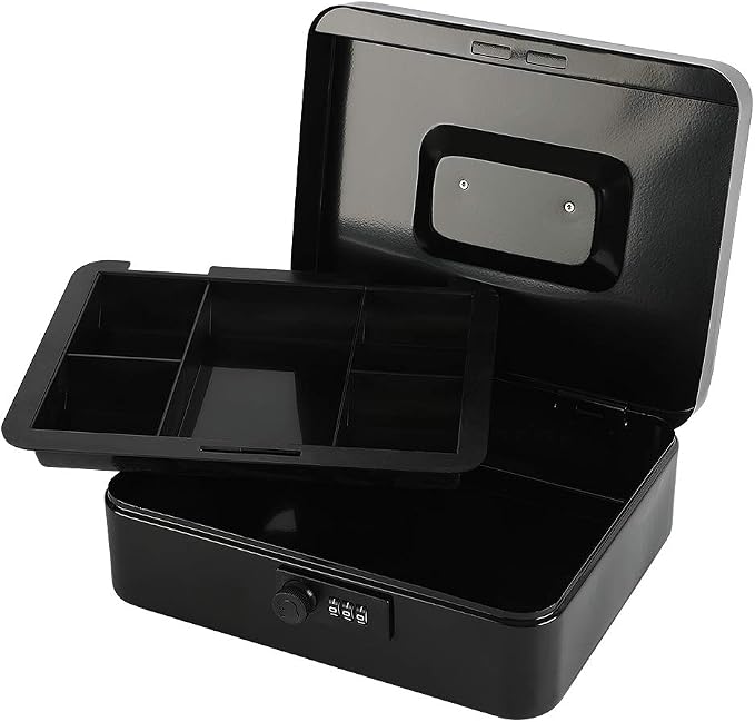 xydled Steel Cash Box Safe with Combination Lock,Money Safe Box with Removable Coin Tray,Large,9.84"x 7.87"x 3.54",Black - Image 5