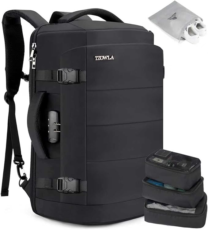 Tzowla 40L Expandable Travel Laptop Backpack for Men Women Carry on Flight Approved,Large Capacity Anti Theft Backpacks with Giant Tumbler Holder Pocket,Personal Item Bag Fit 17.3" Computer（Black by Tzowla