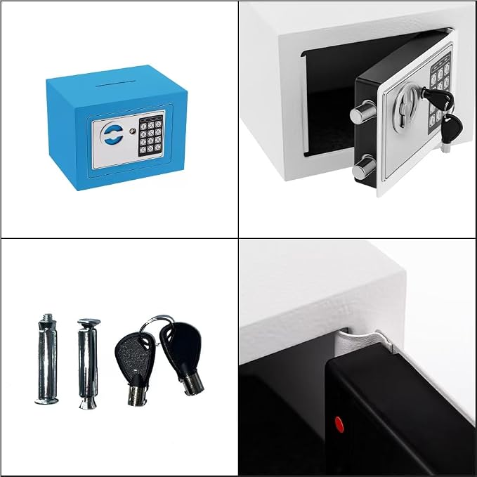 Small Safe Box With Digital Keypad & Keys - 9.05 x 6.7 x 6.7 Inches Wall Safe 0.23 Cuft Mini Security Lock for Money, Cash, Coin, Jewelry - Home Office Hotel Rooms Business (Blue2) - Image 6