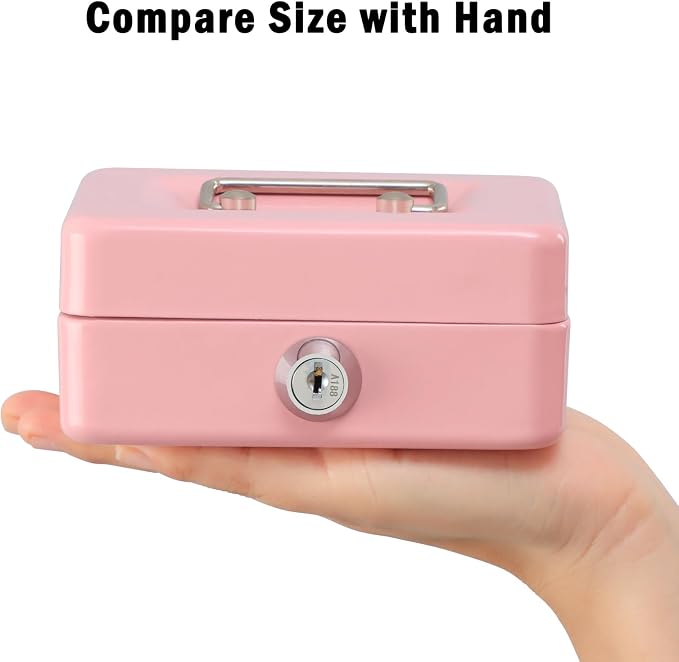 xydled Locking Steel Mini Cash Box with Removable Coin Tray and Key Lock for Kids, 4.92" x 3.74" x 2.36",Pink | Steel Cash Box with Key Lock, Removable Tray & Carry Handle, for Office, Retail, Home, and Money Storage, 4.9" x 3.7" x 2.4" - Image 2