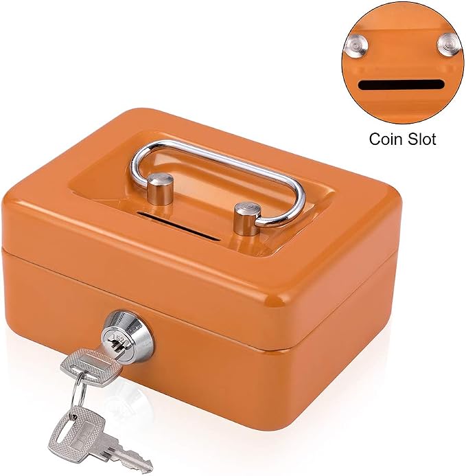 Mini Cash Box with Slot Small Cash Box with Money Tray and Key Lock, Metal Lock Box for Casino Gamblers 4.9" x 3.7" x 2.4" Orange - Image 5