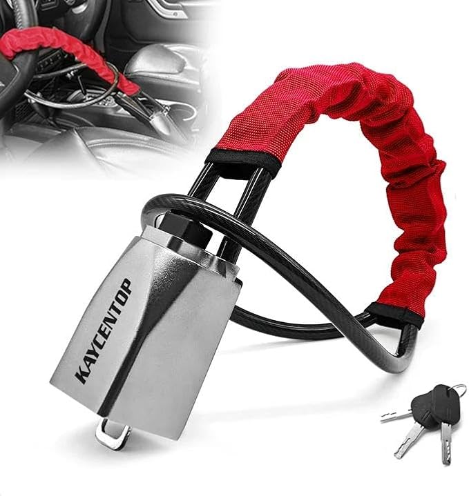 KAYCENTOP Car Steering Wheel Lock, Seat Belt Lock, Car Locks Anti-Theft Device with Aluminum Alloy Lock Housing, Max 17 Inch Length, High Visibility and Light-Weight, Universal Fit, 3Keys(Red) by KAYCENTOP