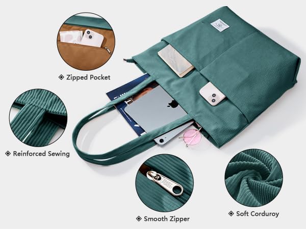 KALIDI Women Corduroy Tote Bag Zipper Casual Tote's Handbag Big Capacity Shoulder Bag with Pockets - Image 5