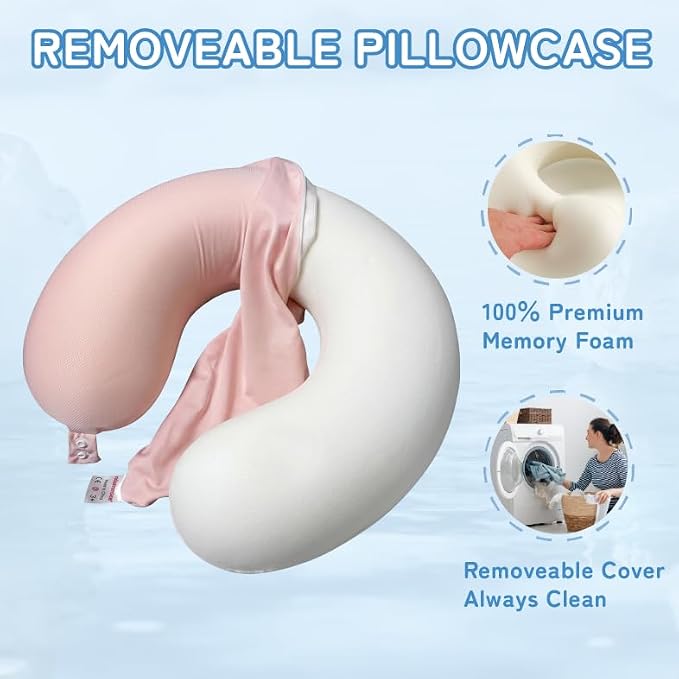 Cooling Travel Neck Pillow, Cool to Touch Memory Foam, Pink | Removable cover, machine washable, 360 degree chin support, slow rebound foam, airplane and car rides, hanging portability - Image 3