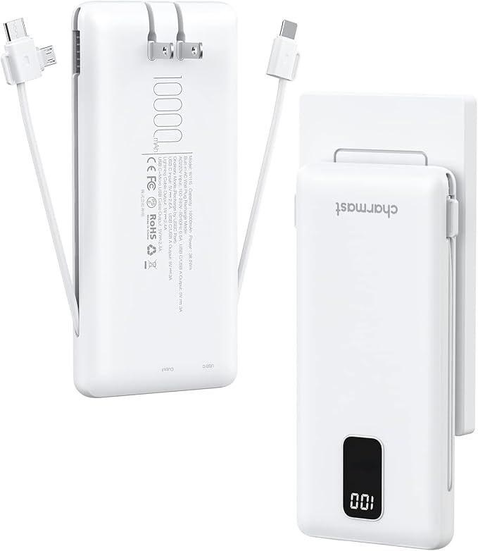 charmast Portable Charger with Built-in Cables and AC Wall Plug | 10000mAh Power Bank with 4 Outputs,USB-C & USB-A Battery Pack,Slim Travel Phone Charger for iPhone,iPad,Samsung,Android by charmast