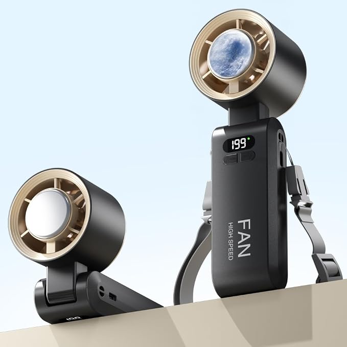 Handheld Portable Turbo Fan with Ice Cooler, Speed (1-199) 5500mAh Rechargeable Personal Fan,[20H Cooling Time] Mini Yet Powerful [20000 RPM] Small Pocket Fans for Travel/Outdoor/Office, Gold Black by Kimguard