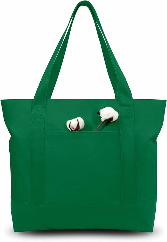 TOPDesign 1-Pack Canvas Tote Bag with an External Pocket, Reusable Grocery Shopping Bag, Top Zipper Closure, Daily Essentials (Green) by TOPDesign