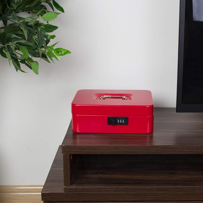 KYODOLED Large Cash Box with Combination Lock Safe Metal Money Box with Money Tray for Security Lock Box 9.84"x 7.87"x 3.54" Red Large - Image 6