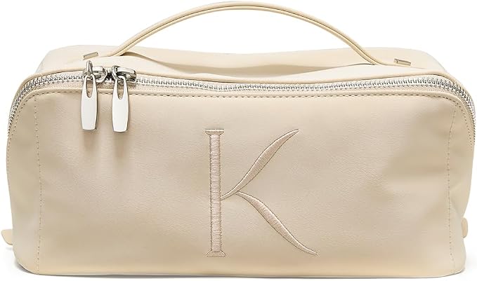 EACHY Travel Makeup Bag for Women, Personalized Initial K Cosmetic Bag | Personalized flat-open organizer with inner pockets, clear TPU brush pocket and reinforced handle for makeup and travel by EACHY