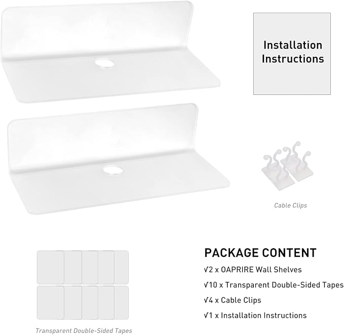 OAPRIRE Acrylic Floating Wall Shelves Frosted, No Drill, 9 Inch 2 Pack | Strong Tape Adhesive Wall Shelf, Easy Installation, Hole Design with Cable Clips, Small Spaces Bedroom Bathroom Living Room - Image 7