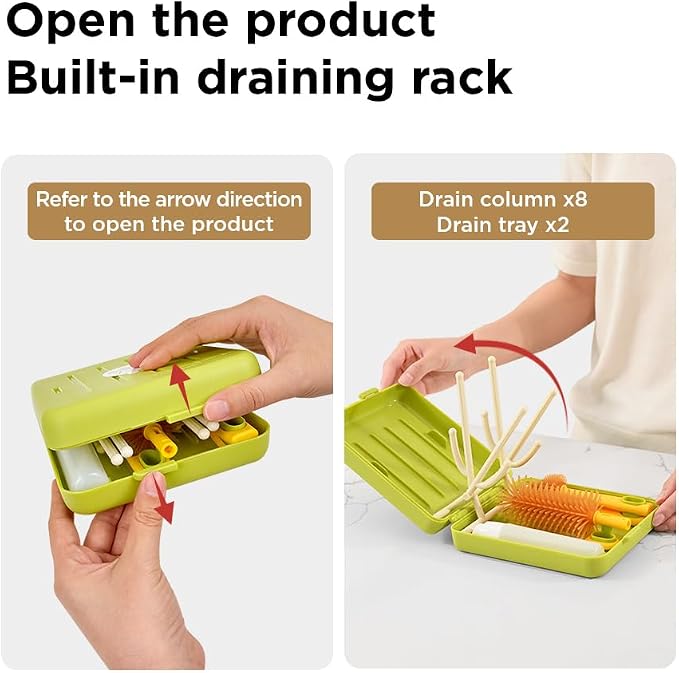Travel Bottle Cleaner Kit with Foldable Bottle Drying Rack, Green | Auto-Open Rack & Vertical Brushs Drying Slots, 3 Silicone Brushes, Foldable Drying Rack, Dispenser, BPA Free. - Image 4