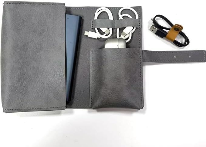 Vintage Tech leather Electronic organizer travel case,cord organizer travel, Leather charger shortage for essentials mouse, adapter, cables (dark grey) - Image 7