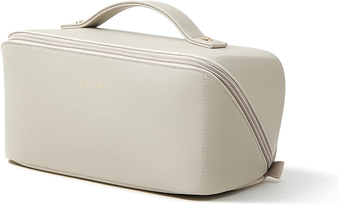 EACHY Travel Makeup Bag for Women, Flat Open Cosmetic Bag, Gray, Medium | Flat-open cosmetic organizer with pockets and clear TPU brush compartment for makeup, toiletries and travel essentials by EACHY