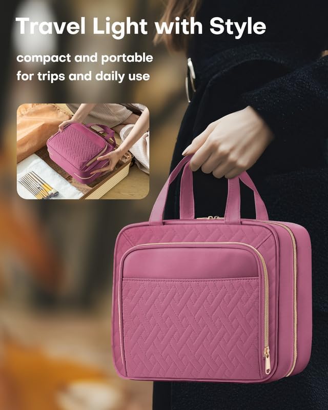 HOTOR Hanging Travel Toiletry Bag Women Men, Rosewood-Pink, Medium | Waterproof Makeup Bag Hanging Hook,Multiple Pockets,Travel Essentials,11.2 x 3.2 x 8.9inches - Image 6