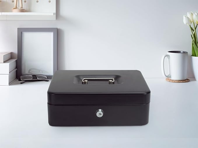 Cash Box with Lock and Money Tray Metal Money Box Large Cash Lock Box for Money 9.84" x 7.87" x 3.54" Black Larger - Image 6