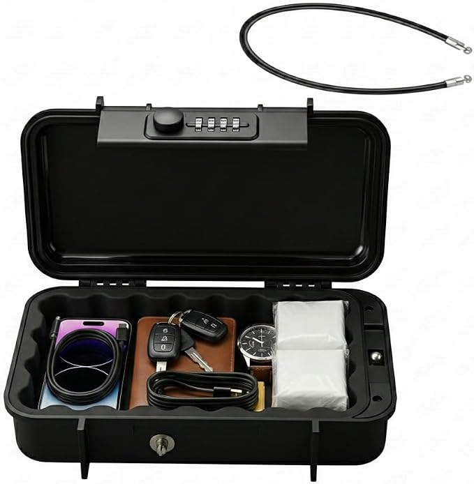 Portable Travel Safe Lock Box with 4 Digit Combination, Anti-Theft Travel Safe with Steel Cable, Waterproof Security Case for Beach, Travel, Hotel, Dorm by Unknown