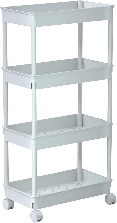 Sooyee 4 Tier Wide Storage Cart Mobile Shelving Unit Organizer Slide Out Storage Rolling Utility Cart Tower Rack for Kitchen Bathroom Laundry, Plastic & Stainless Steel,White by Sooyee