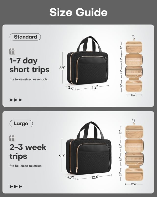 HOTOR Hanging Travel Toiletry Bag Women Men, Black, Large | Waterproof Makeup Bag Hanging Hook,Multiple Pockets,Travel Essentials,12.6 x 4.3 x 9.9inches - Image 4