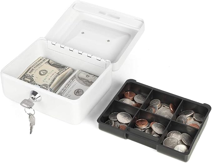 Decaller Small Cash Box with Key Lock, Double Layer Metal Money Box for Home Security, Portable Locking Box, 5.9" x 4.7" x 3.2", White - Image 2