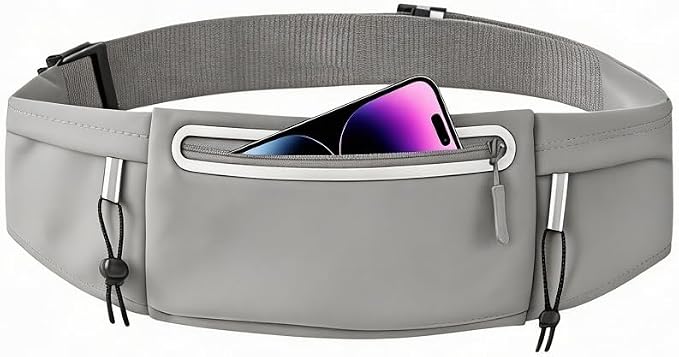 Running Belt Fanny Pack:3 Pocket Waist Bag for Men Women Workout Exercise Fitness Phone Holder Fits All Phones - Runner Marathon Jogging Race Belt with Bib Clip (Grey) by Unknown