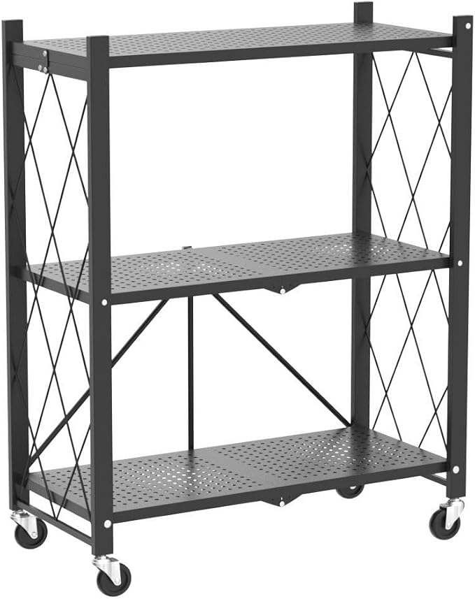 DEANIC 3 Tier Foldable Storage Shelves with Wheels, Kitchen Appliance Stand, Freestanding Metal Wire Shelf Rack, No Assembly Organizer Rolling Cart for Garage, Basement, Pantry (Black) - Image 5