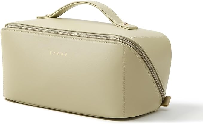 EACHY Travel Makeup Bag for Women, Flat Open Cosmetic Bag, Green, Medium | Flat-open cosmetic organizer with pockets and clear TPU brush compartment for makeup, toiletries and travel essentials by EACHY