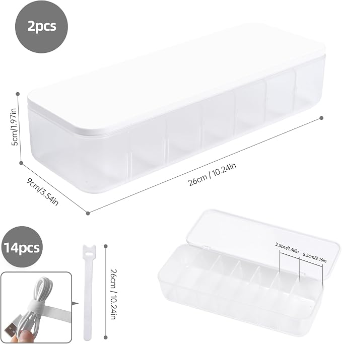 PAVSTINE 2 Pcs Cable Organizer Storage Box with Lid, 14 Wire Ties, White | Adjustable Dividers, Holds Power Cords & Charger, Dust-Proof, Desktop Accessories & Stationery Storage for Home & Office - Image 7
