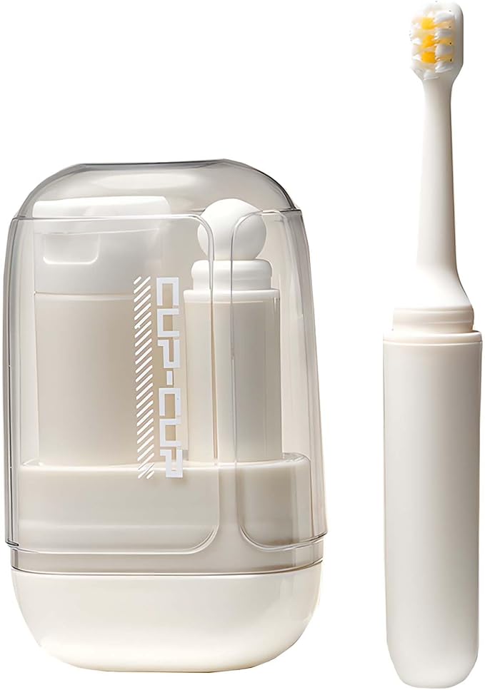 3-in-1 Toothbrush Travel Case Kit - Foldable with Mouthwash Cup, Toothpaste Dispenser, Portable Tooth Brush Holder for Camping, Business Trips, and Daily Use (Cream) by Unknown