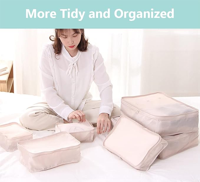 Packing cubes for Travel 6 Set Luggage Organizer Bags Packing Cubes for Suitcases Travel Essentials for Carry on Mesh Suitcase Organizer with Shoe Bag (cream) - Image 7
