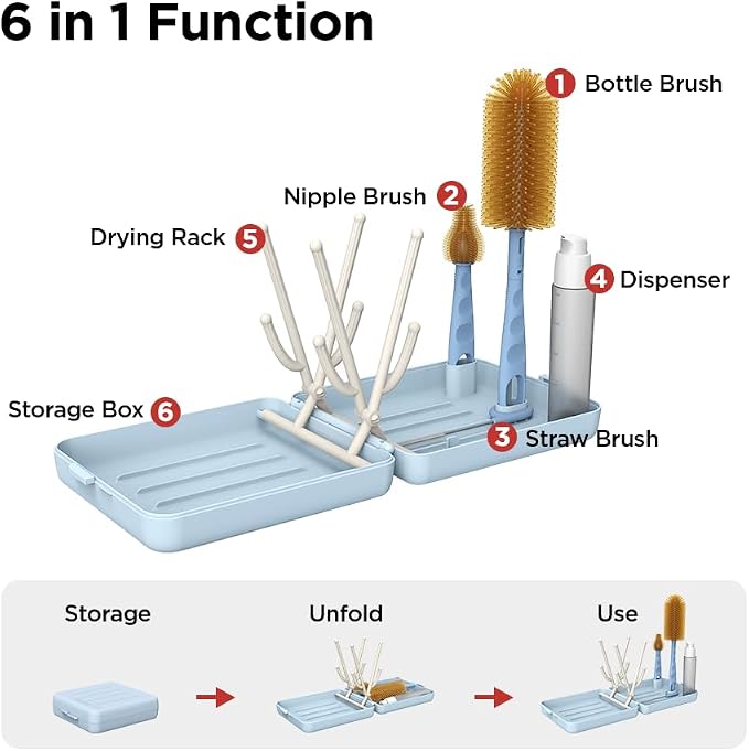 Travel Bottle Cleaner Kit with Foldable Bottle Drying Rack, Blue | Auto-Open Rack & Vertical Brushs Drying Slots, 3 Silicone Brushes, Foldable Drying Rack, Dispenser, BPA Free. - Image 3