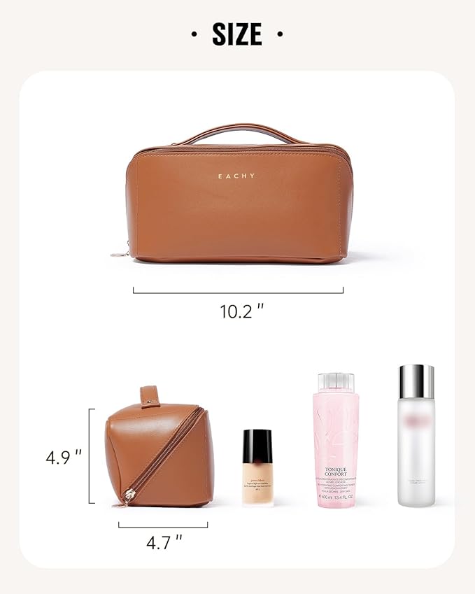 EACHY Travel Makeup Bag for Women, PU Leather Cosmetic Bag, Brown, Large | Water-resistant PU leather exterior with flat-open access, clear TPU brush compartment and organized storage for cosmetics - Image 6