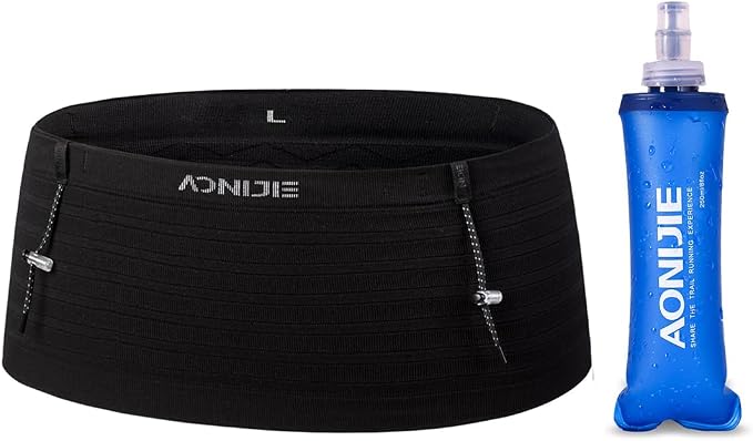 AONIJIE Running Belt with 250ml Soft Flask for Women and Men Lightweight & Non-slip Black Fanny Pack Fits All Size Phones Passport and More (Black with 250ml Soft Flask, M) by AONIJIE