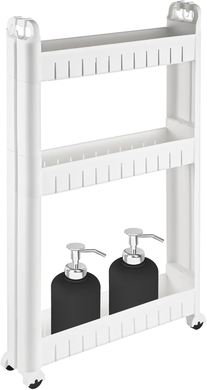 3 Tiers Slim Rolling Storage Cart, 3.5 Inches Slim Slide Out Bathroom Organizer Cart, Tiered Storage Rack with Wheels, Narrow Mobile Utility Cart for Laundry Room, Kitchen, Office, Sturdy Room by Unknown