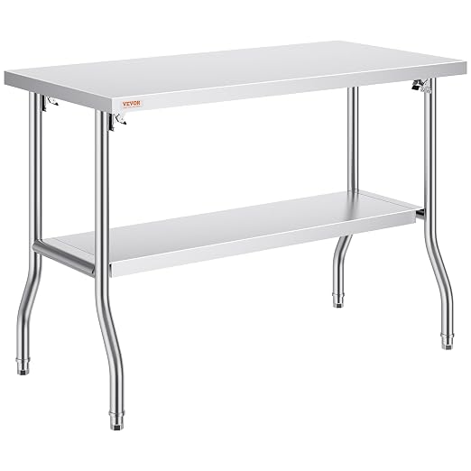 VEVOR Stainless Steel Foldable Work Table, 48 * 24 Inch Heavy Duty Food Outdoor Double Layer Stainless Steel Worktable for Commercial Kitchen Restaurant | For Commercial, Kitchen, Restaurant, Indoor and Outdoor Use, Polished Finish, Heavy Duty, Quick-F... by VEVOR