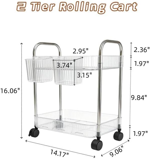 2 Tier Utility Rolling Cart with Wheels Sofa Side Table Small Under Desk Storage Organizer, Clear Acrylic Plastic Mobile Trolley Organization Storage Cart for Kitchen Pantry Bathroom Vanity - Image 3