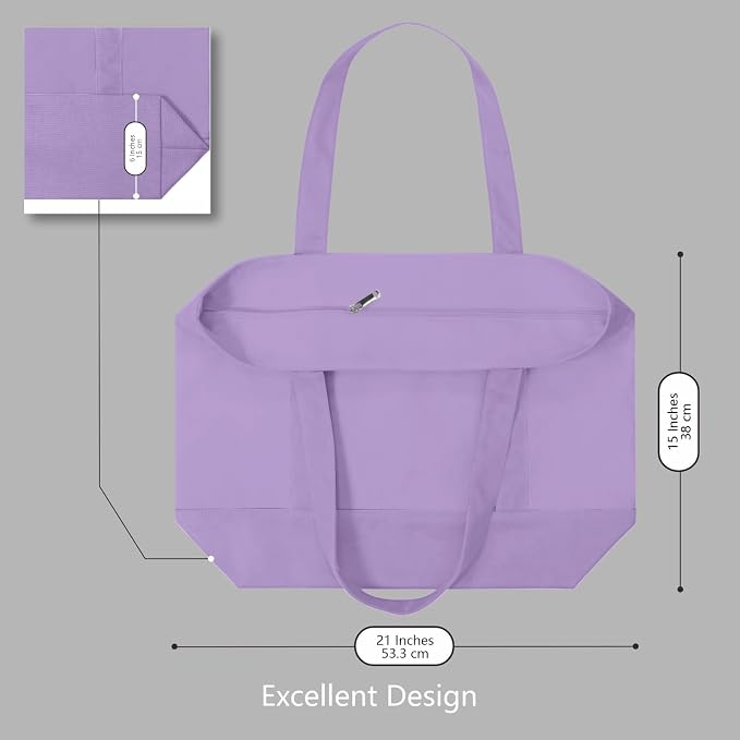 TOPDesign 1-Pack Canvas Tote Bag with an External Pocket, Reusable Grocery Shopping Bag, Top Zipper Closure, Daily Essentials (Lavender) - Image 5