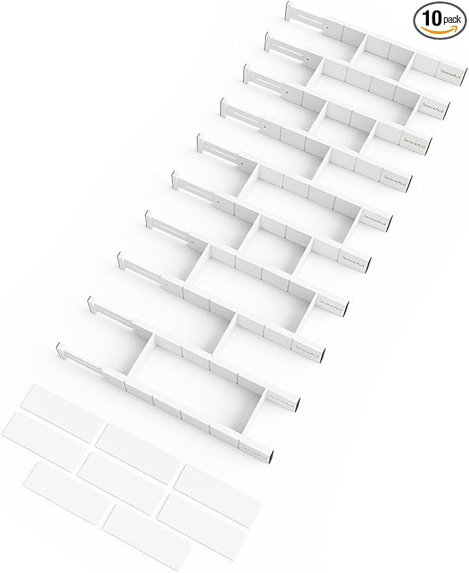 SpaceAid Bamboo Drawer Dividers with Inserts and Labels, Kitchen Adjustable Drawer Organizers, Expandable Organization for Home, Office, Dressers, 10 Dividers with 24 Inserts (17"-22" White) by SpaceAid